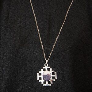 Vintage Silver tone Jerusalem Cross with center stone  12" chain